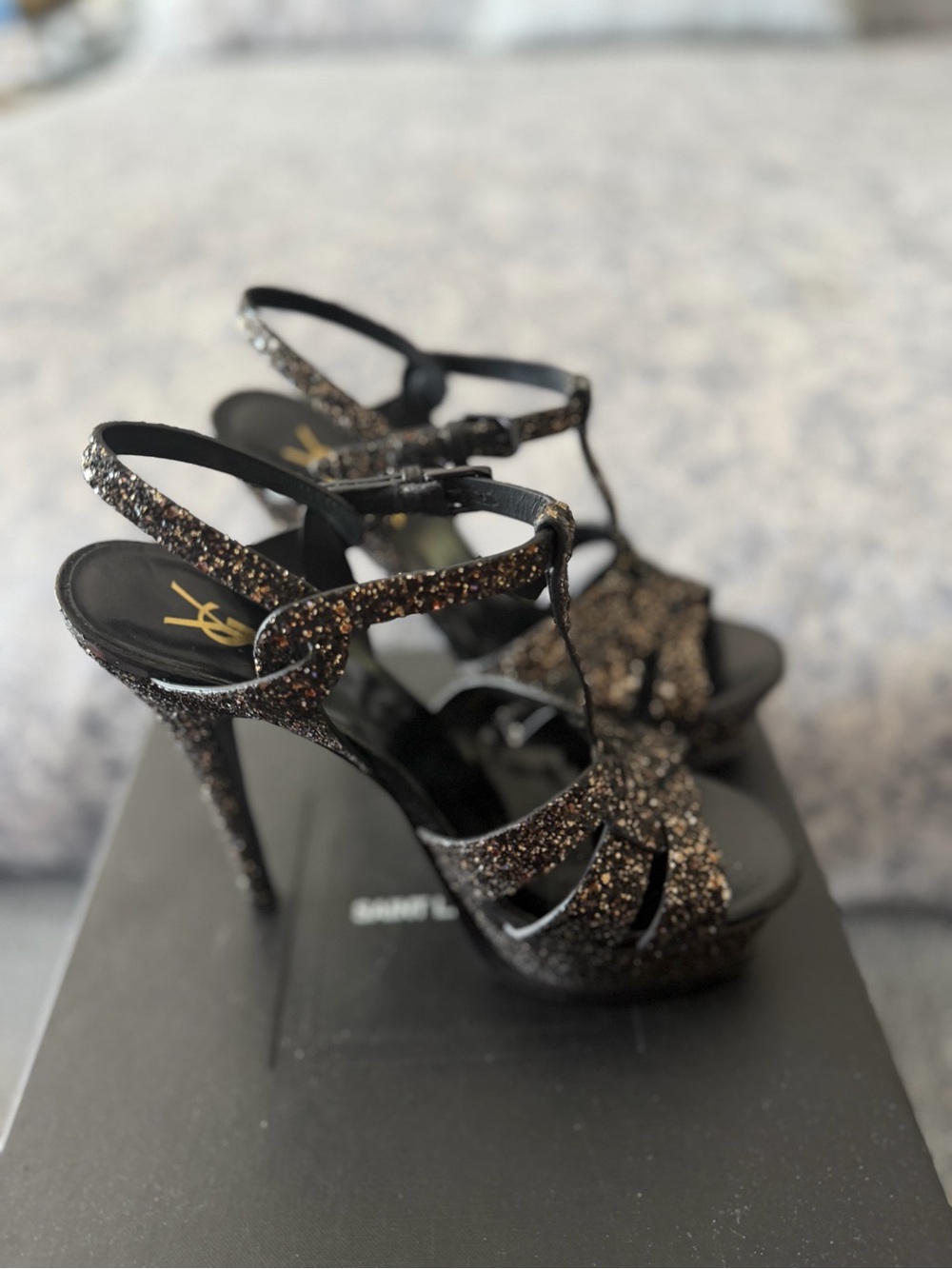 Saint Laurent Black Glitter T-Strap Platform Heels